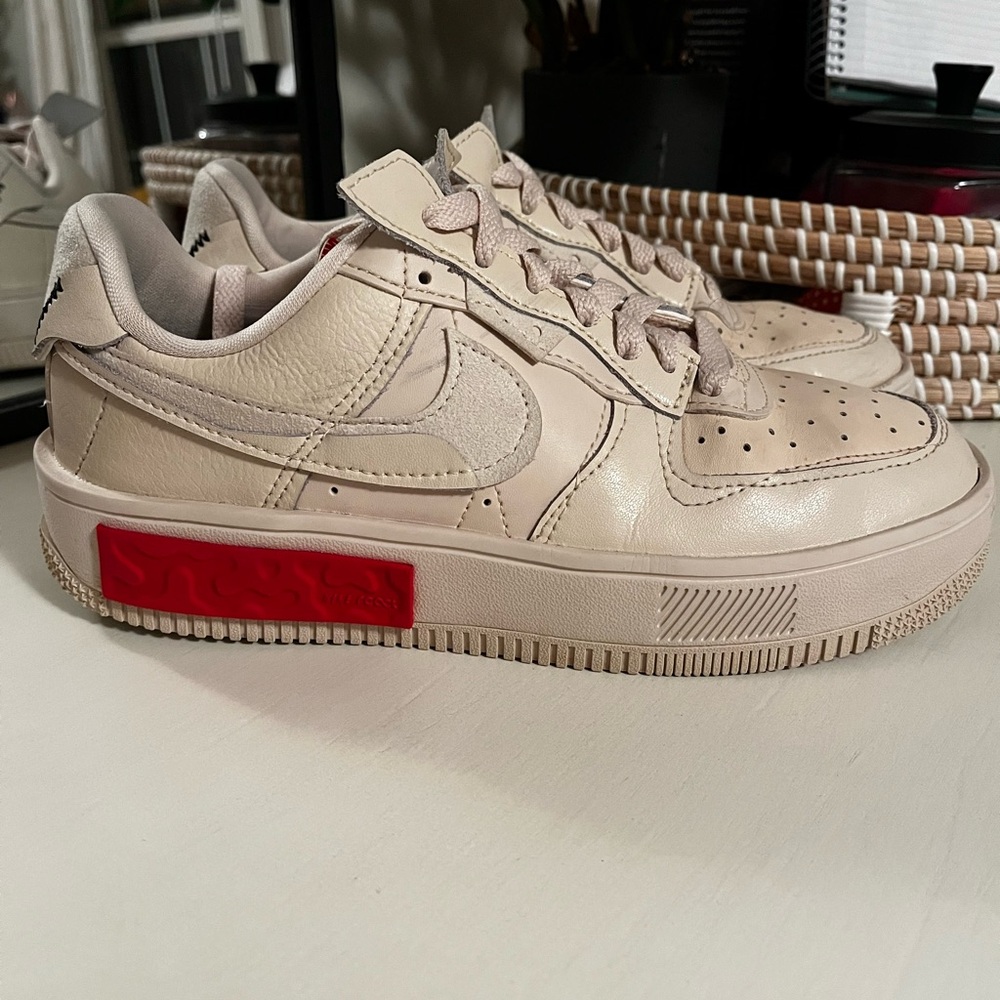 Nike Air Force 1 Fontanka Cream Sneakers with Bold Red Detail Size 7
